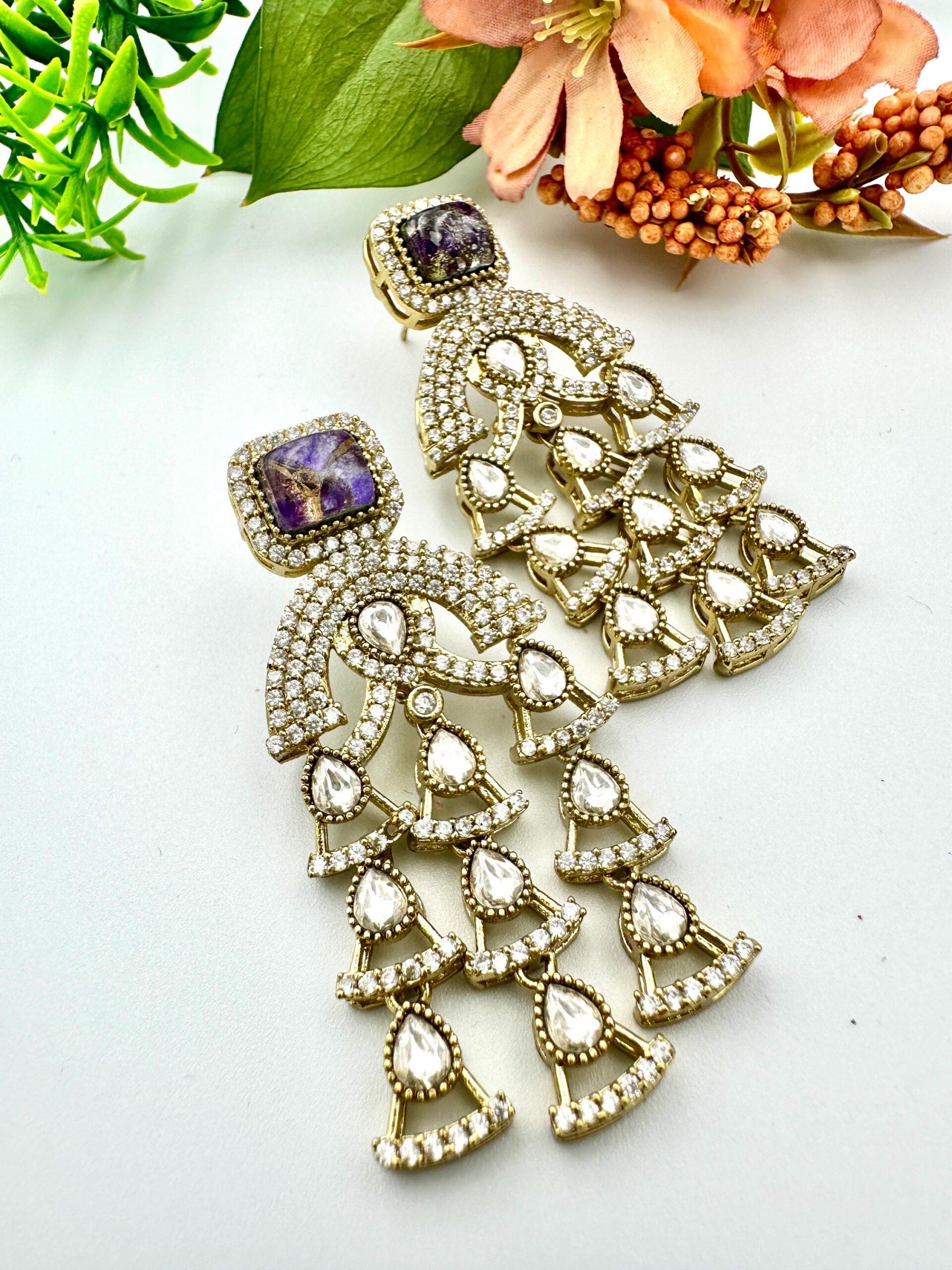Bollywood Indian Earrings with pearl designer multi amythyst marble stone dangle antique gold finish - Image 3