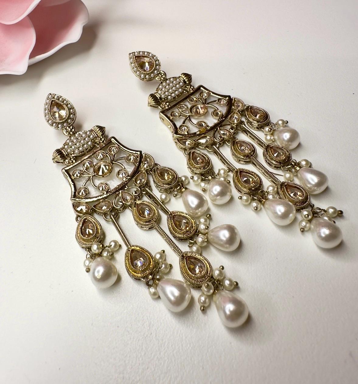 Bollywood Indian Designer Earrings in pearl champange color - Image 2