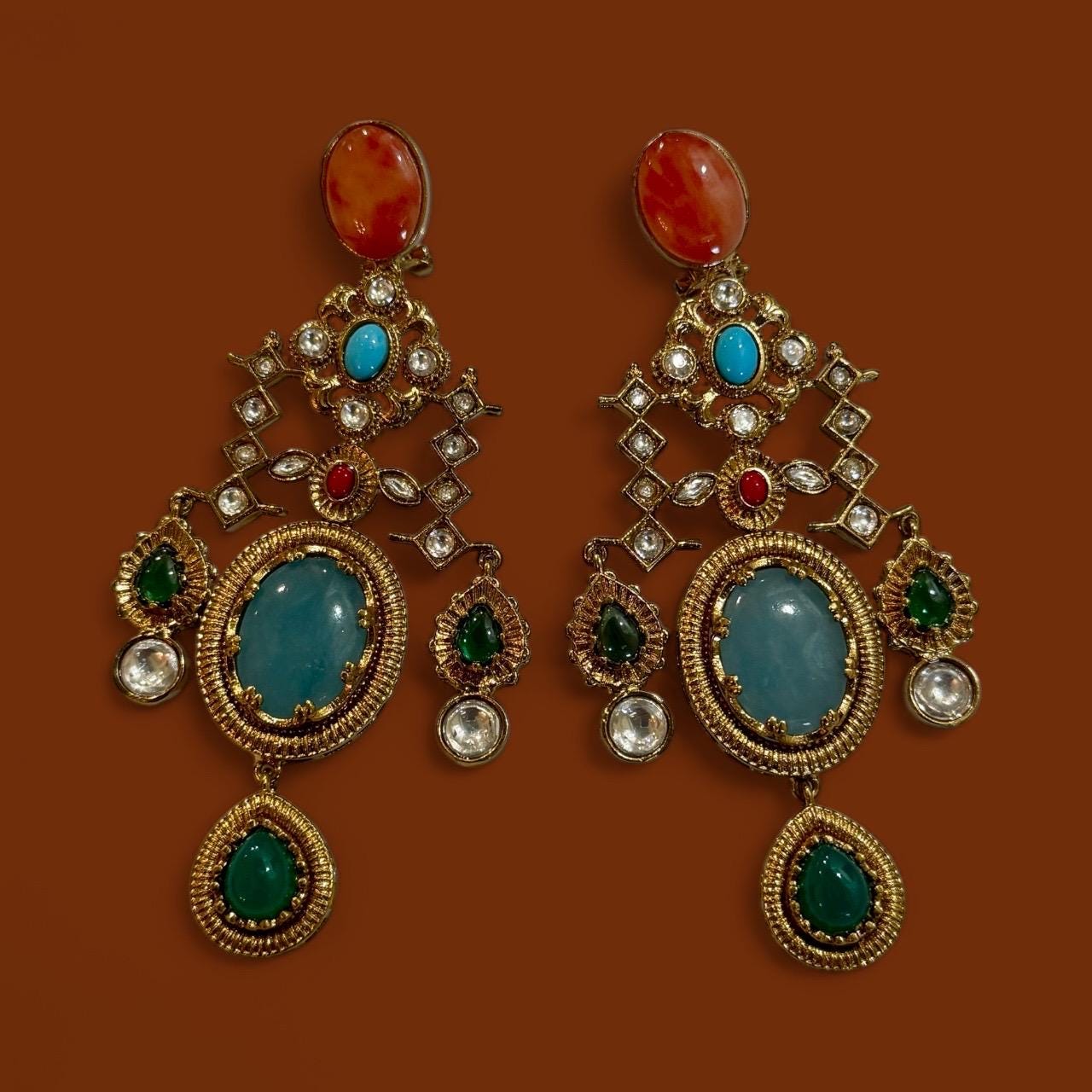 Bollywood Indian Designer Earrings with doublet stone gold plated,Victorian statement piece