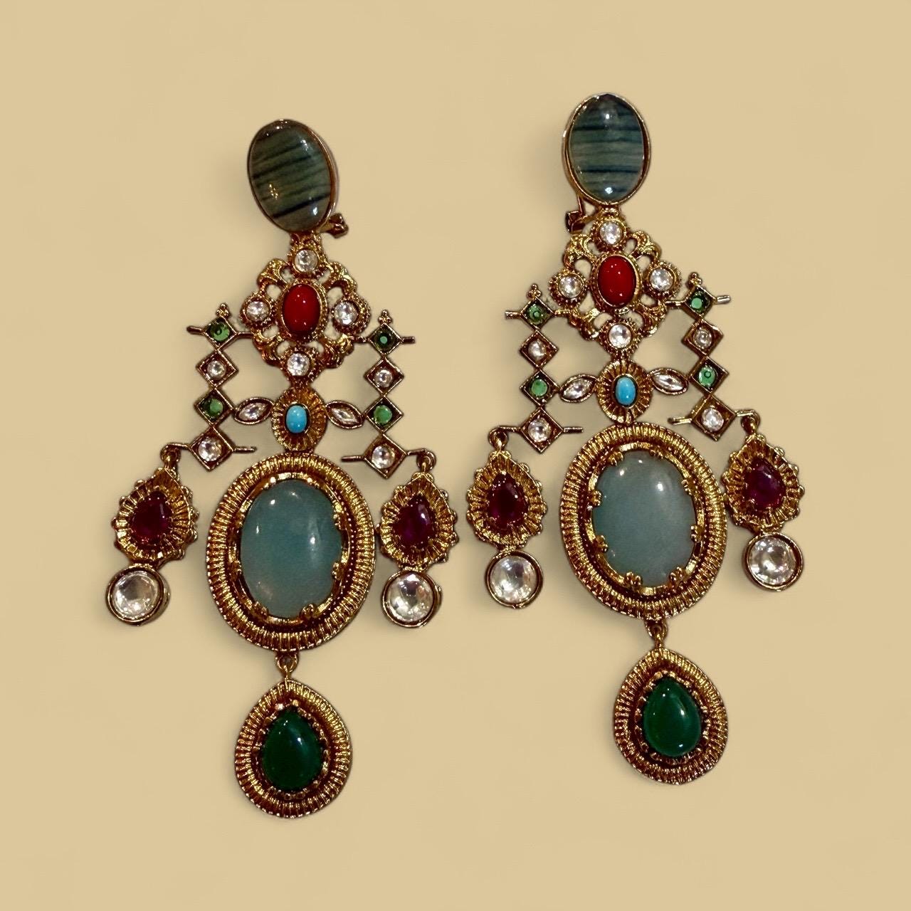 Bollywood Indian Designer Earrings with doublet stone gold plated,Victorian statement piece - Image 2