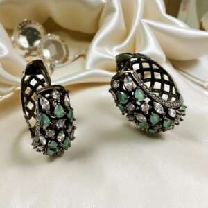 BIG Bali Hoops Silver Oxidized Crystal Glamorous Earrings Pakistan Jewelry