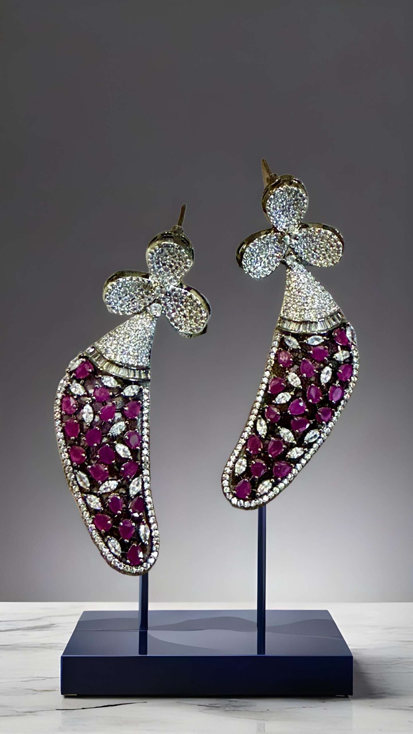 Ruby & Diamond Stones Designer Earrings | rhodium Plated Floral /CZ Stone. - Image 3