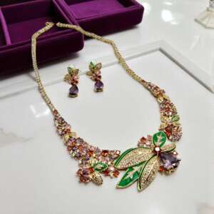 Designer Floral Necklace Set – Sapphire, AD Stones, Green Enamel