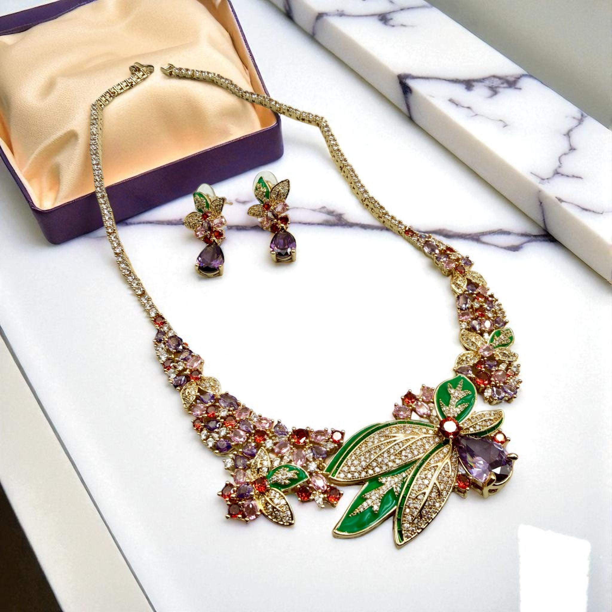 Designer Floral Necklace Set – Sapphire, AD Stones, Green Enamel - Image 3