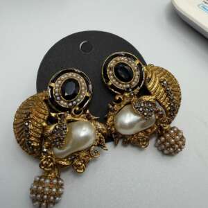 Luxury Gold-Toned Pearl & Black Stone fusion Earrings  pakistani bollywood Style