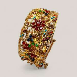 Gold Plated Jadao Kada | Multi Color Stone & Pearl Cuff