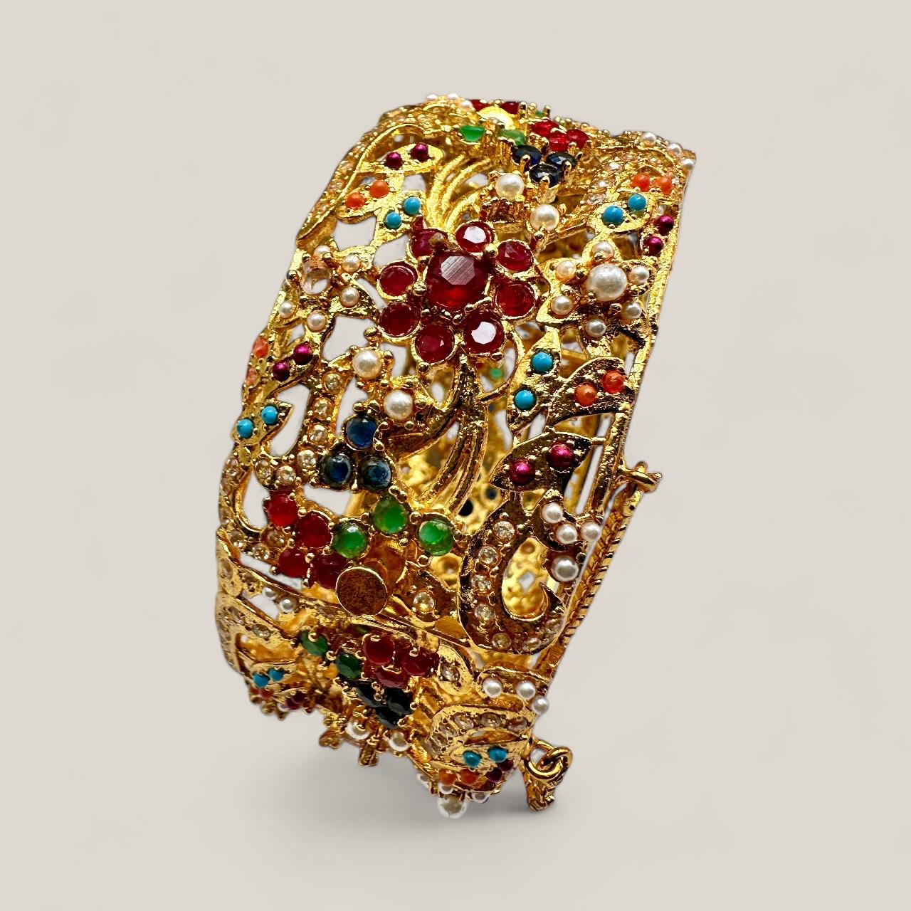 Gold Plated Jadao Kada | Multi Color Stone & Pearl Cuff