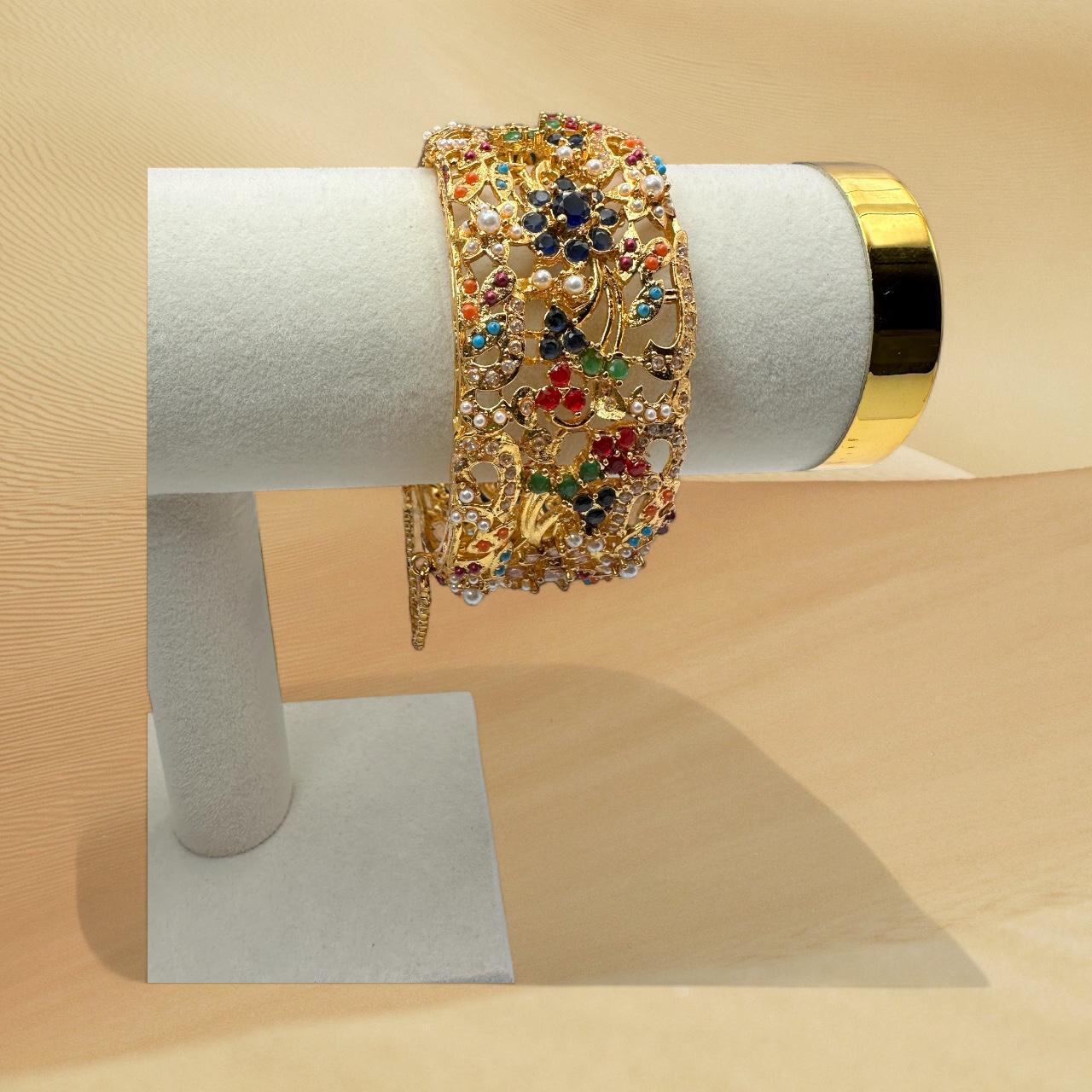 Gold Plated Jadao Kada | Multi Color Stone & Pearl Cuff - Image 2