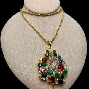 Vibrant Multicolor Gemstone Peacock Pendant Necklace with Pearl Drop