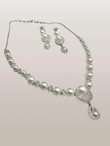 Micro CZ Stone Setting Necklace Set with Earrings - Elegant Pearl & CZ Jewelry