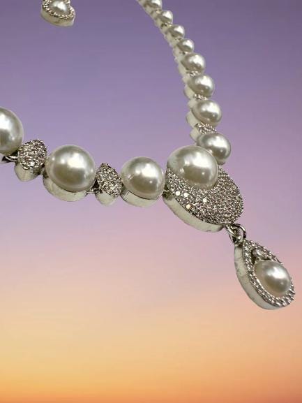 Micro CZ Stone Setting Necklace Set with Earrings - Elegant Pearl & CZ Jewelry - Image 4