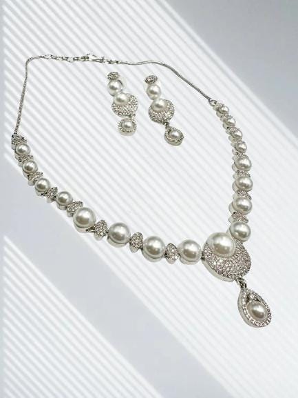 Micro CZ Stone Setting Necklace Set with Earrings - Elegant Pearl & CZ Jewelry - Image 5