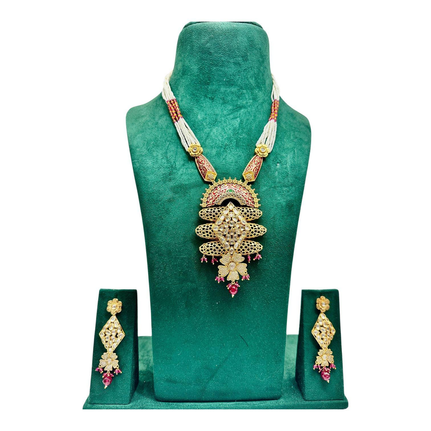 Gold Plated Bollywood Mala Set – Ruby, Emerald, and Pearls - Image 2