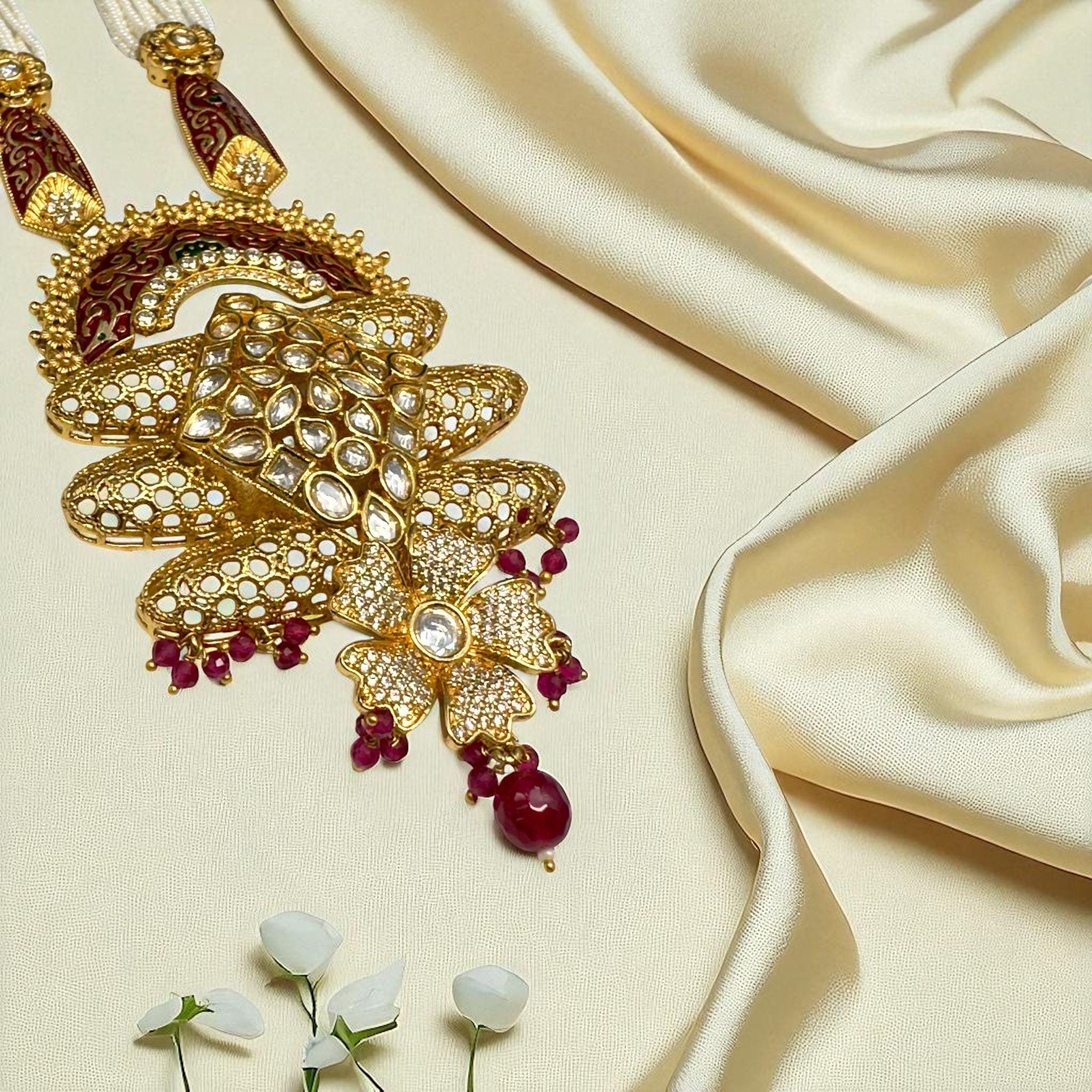 Gold Plated Bollywood Mala Set – Ruby, Emerald, and Pearls - Image 3