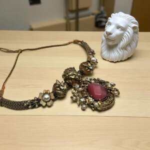 Majestic Lion Necklace and Earring Set - Gold-Toned with Pink Stone and Pearls