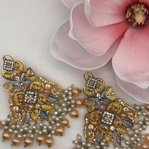 Gold Kundan Earrings with Pearl and Bead Drops - Traditional Pakistani Jewelry