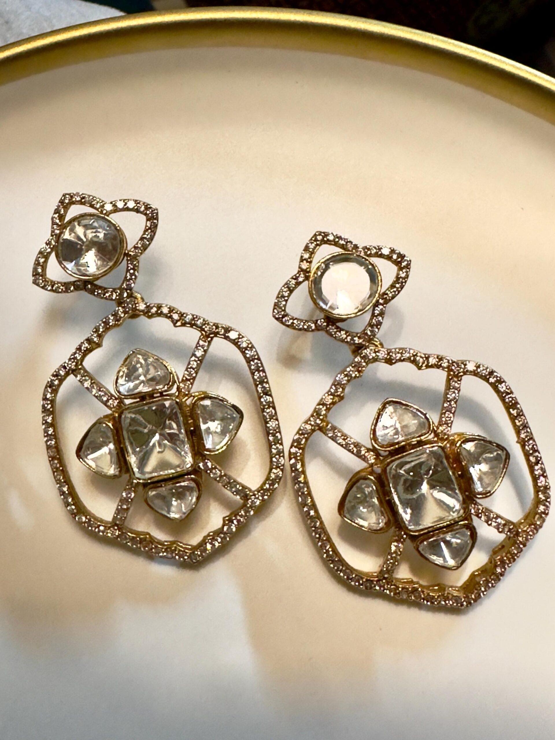 Bollywood Indian Designer monzonite medium length statement earrings gold finish,Victorian,Ad stones - Image 2