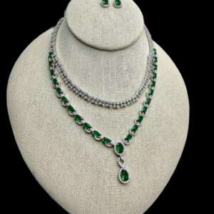 Emerald Green CZ Necklace Set – Rhodium Finish, Bollywood Style