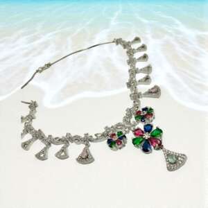 Cz Stones with Multi Color Set with Earrings Rhodium Finish - Beachy Elegance Necklace