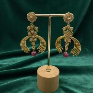 Gold Kundan Jhumka Earrings with CZ & Red Bead