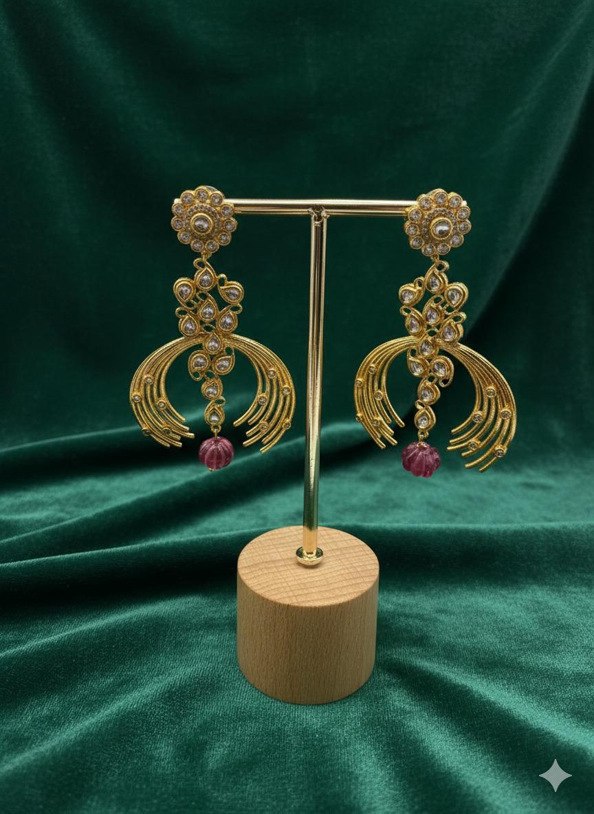 Gold Kundan Jhumka Earrings with CZ & Red Bead