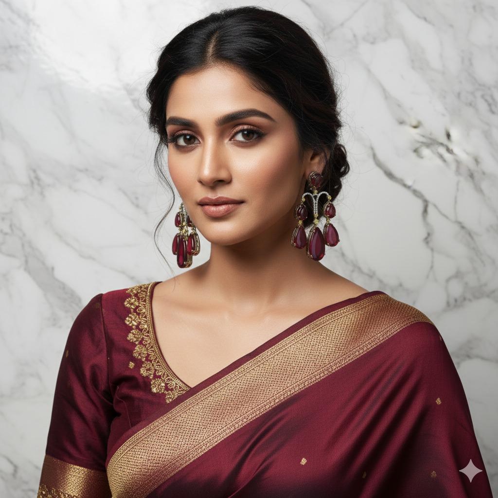 Maroon Chandelier Earrings | Gold Plated Bollywood Statement Jewelry - Image 2