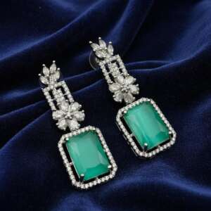 Mint Green Dangle Earrings, Silver Tone & AD Stone Accents