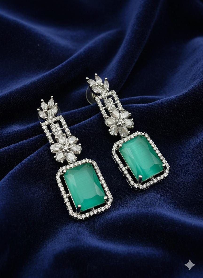 Mint Green Dangle Earrings, Silver Tone & AD Stone Accents