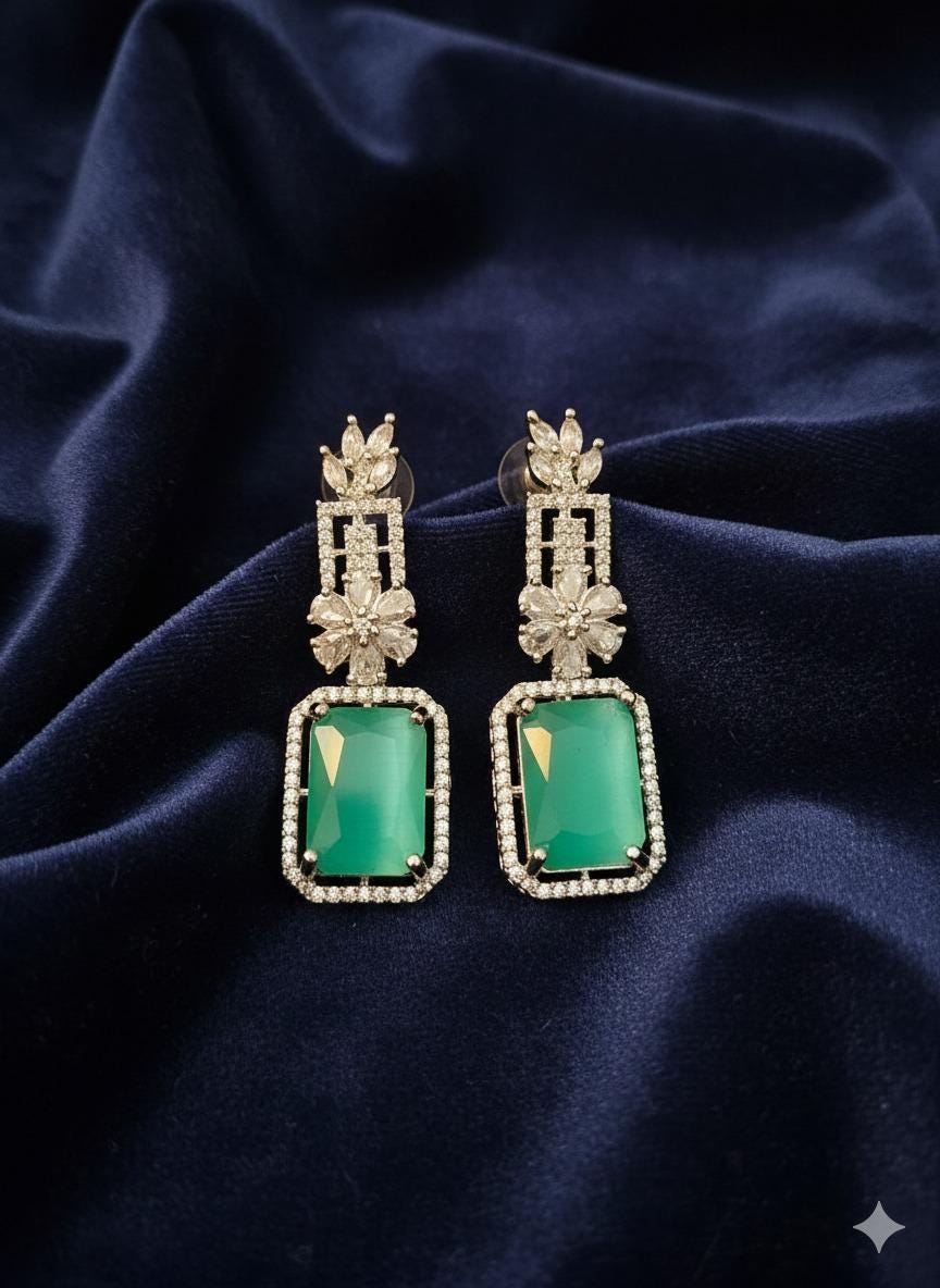 Mint Green Dangle Earrings, Silver Tone & AD Stone Accents - Image 2