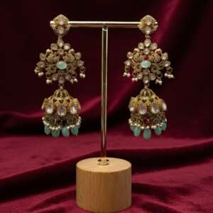 Breathtaking Luxury high end  statement Gold-plated  Jhumka Earrings with Mint,with cubic Zarconia Stones
