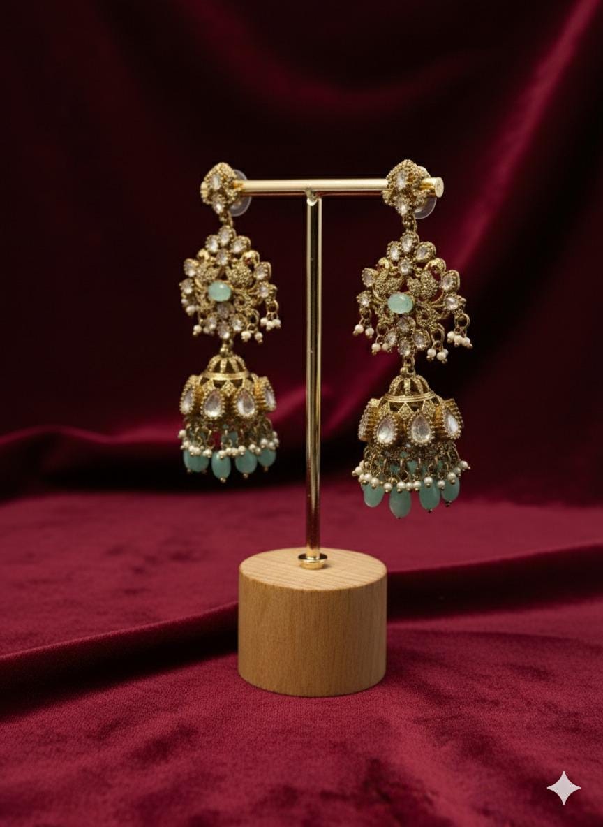 Breathtaking Luxury high end statement Gold-plated Jhumka Earrings with Mint,with cubic Zarconia Stones - Image 3