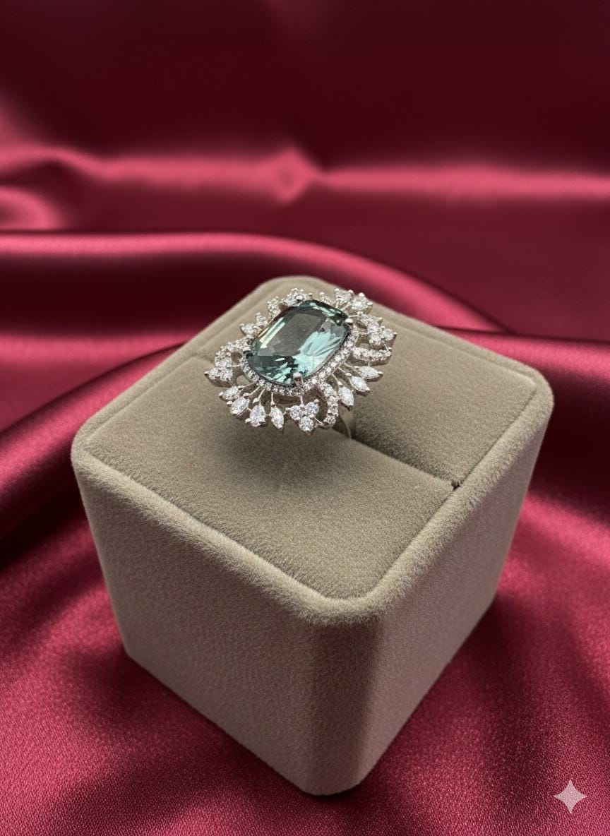 Vintage Style Aquamarine Ring – Silver Adjustable Cocktail Ring - Image 2