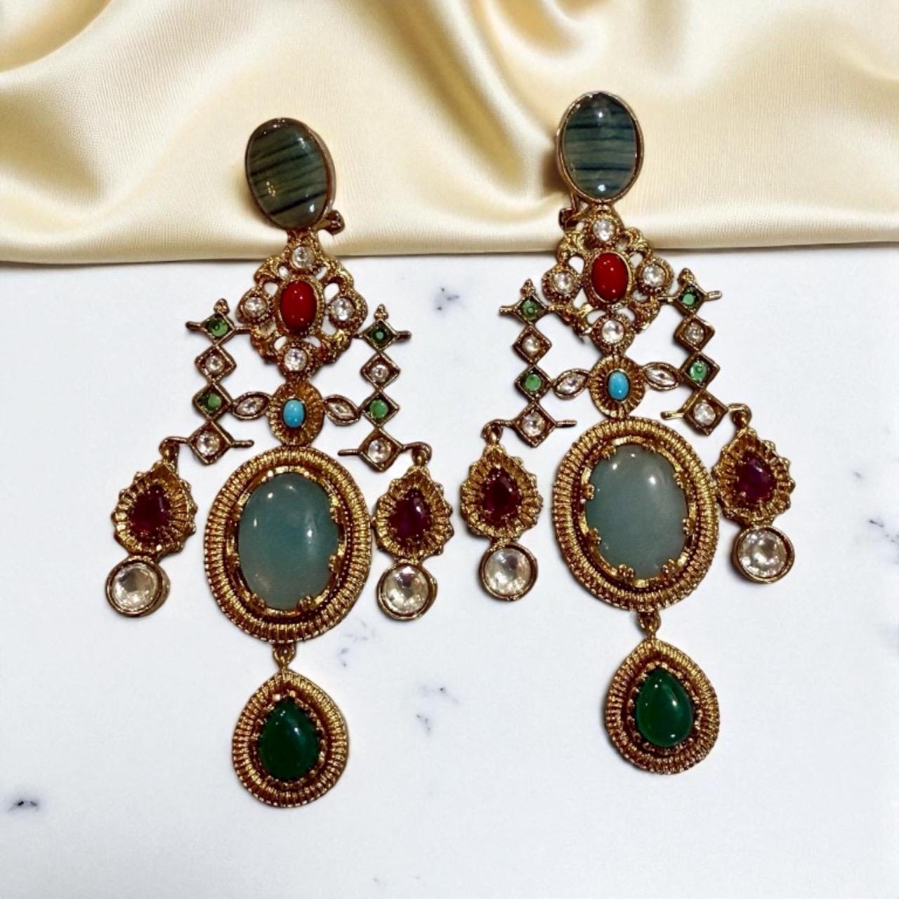 Bollywood Indian Designer Earrings with doublet stone gold plated,Victorian statement piece - Image 3