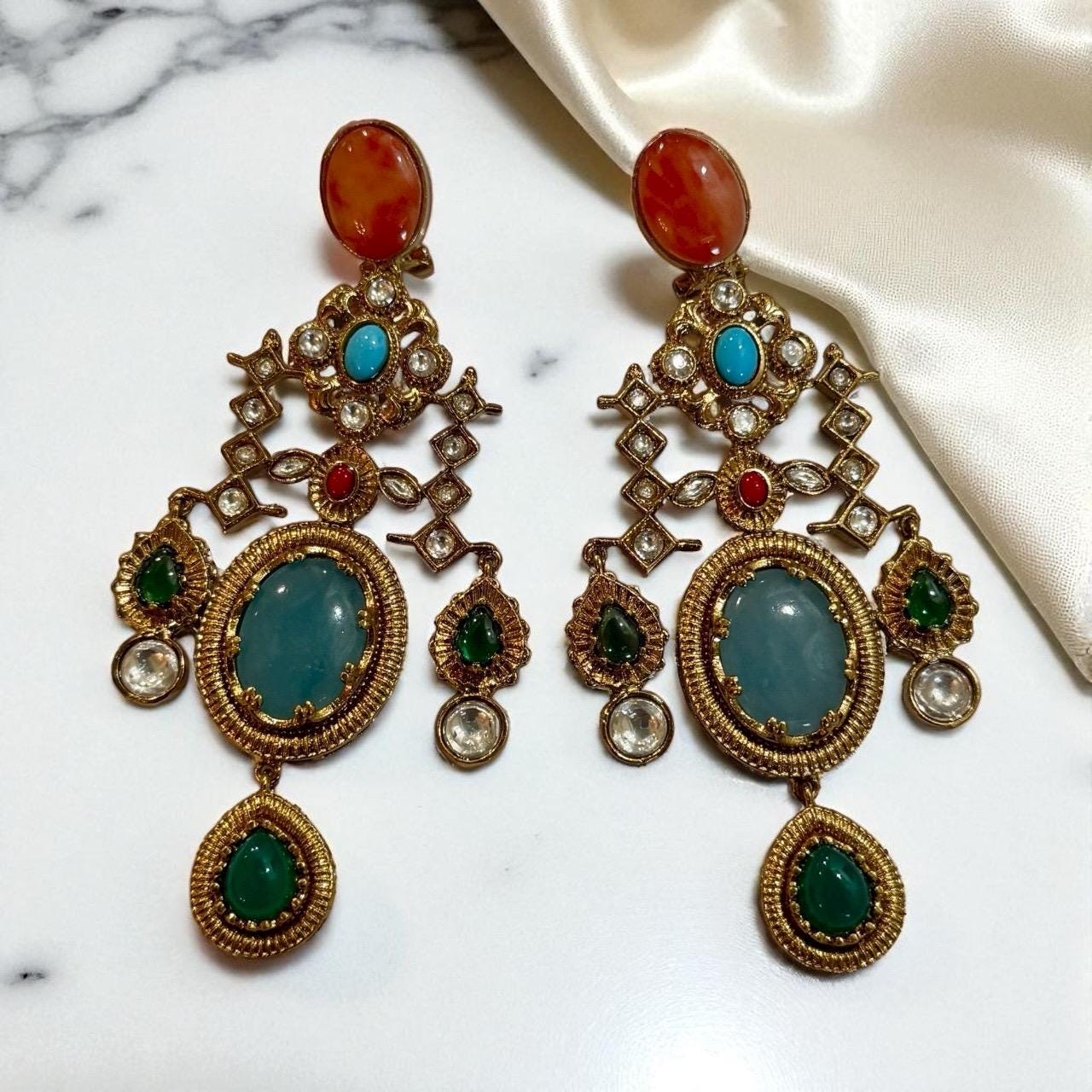 Bollywood Indian Designer Earrings with doublet stone gold plated,Victorian statement piece - Image 4