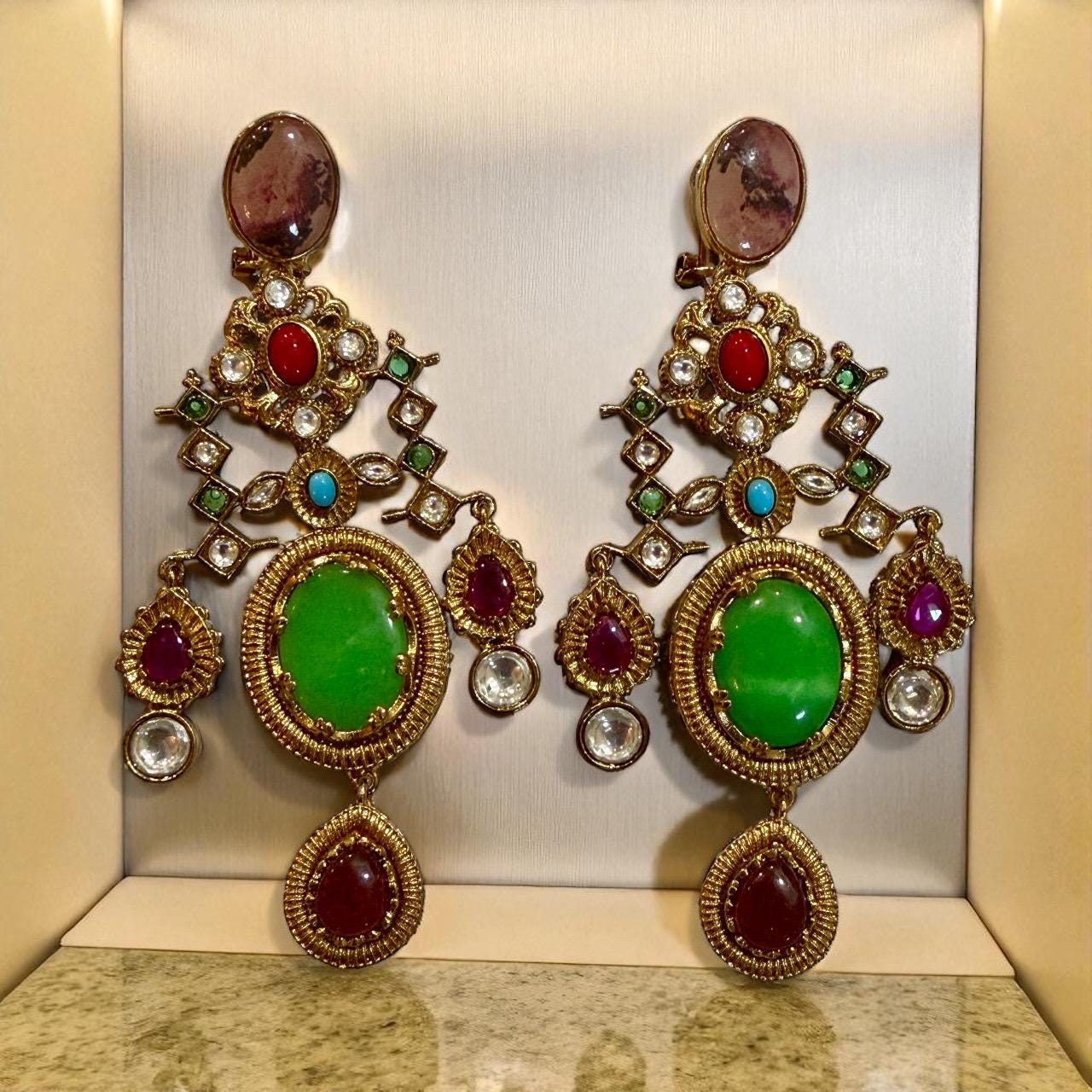 Bollywood Indian Designer Earrings with doublet stone gold plated,Victorian statement piece - Image 5