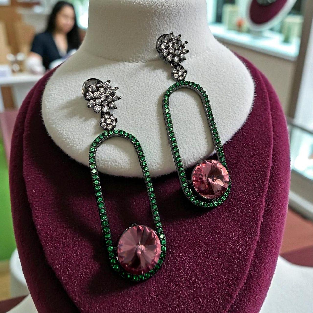Swarovski Stone Light Weight Green Border Pink Earrings