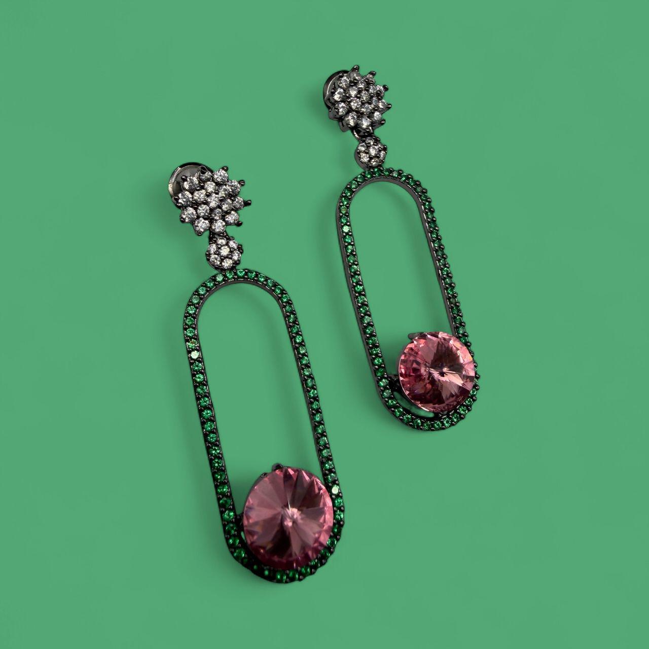 Swarovski Stone Light Weight Green Border Pink Earrings - Image 3