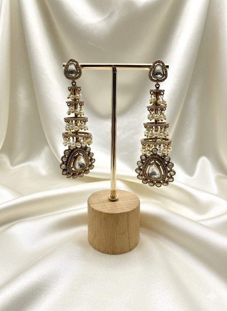 Jhumki Earrings | Traditional Indian Jewelry | Pearl & Kundan statement high end antique gold plated - Image 3