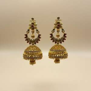 Traditional Gold-Tone Jhumka Earrings with Red & Green Ad Stones
