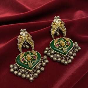 Luxury Bollywood style Green Heart Kundan Earrings with Peacock Motif