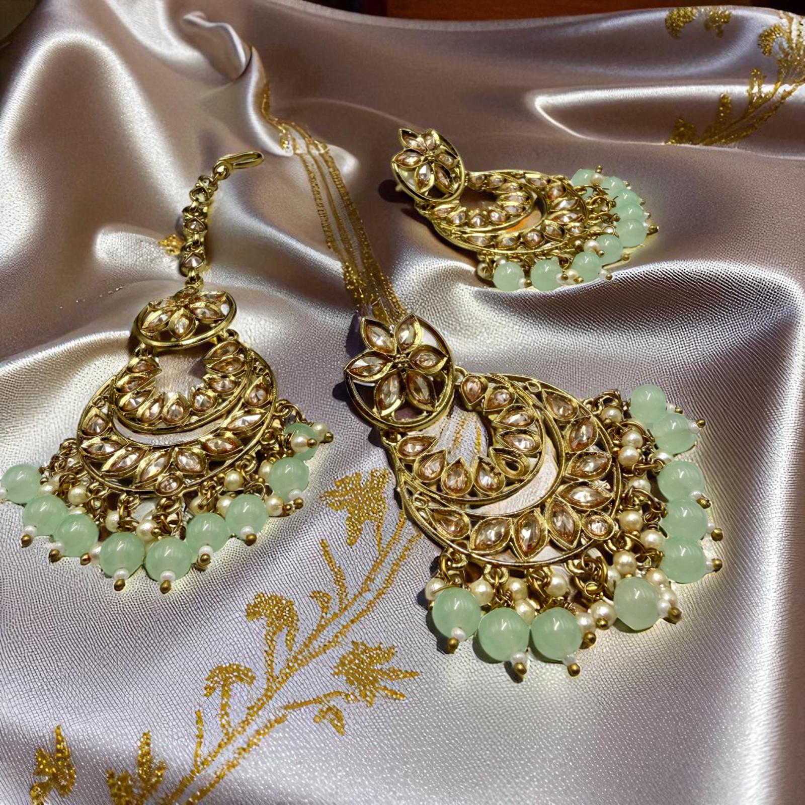 Kundan Jhumkas with Matching Mang Tika | Traditional mint green - Image 2