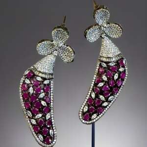 Ruby & Diamond Stones Designer Earrings | rhodium Plated Floral /CZ Stone.