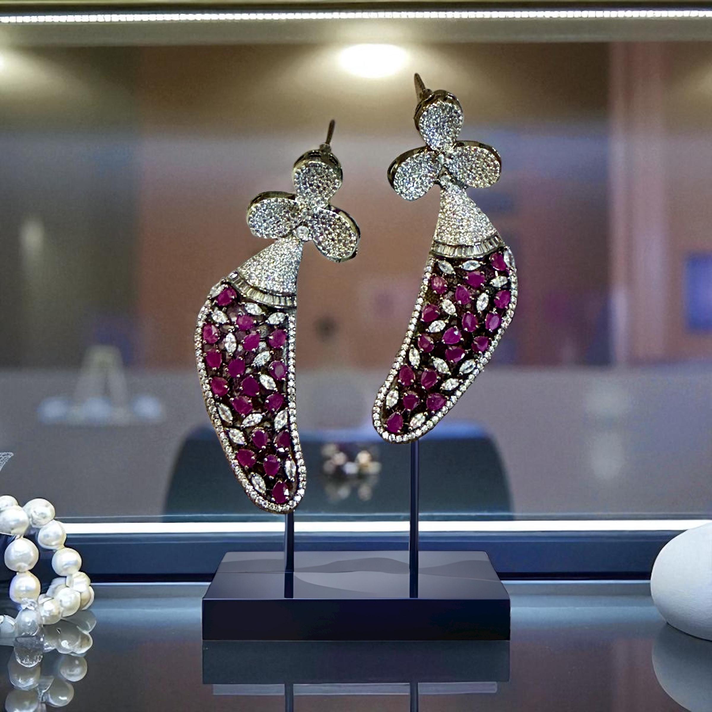 Ruby & Diamond Stones Designer Earrings | rhodium Plated Floral /CZ Stone. - Image 2