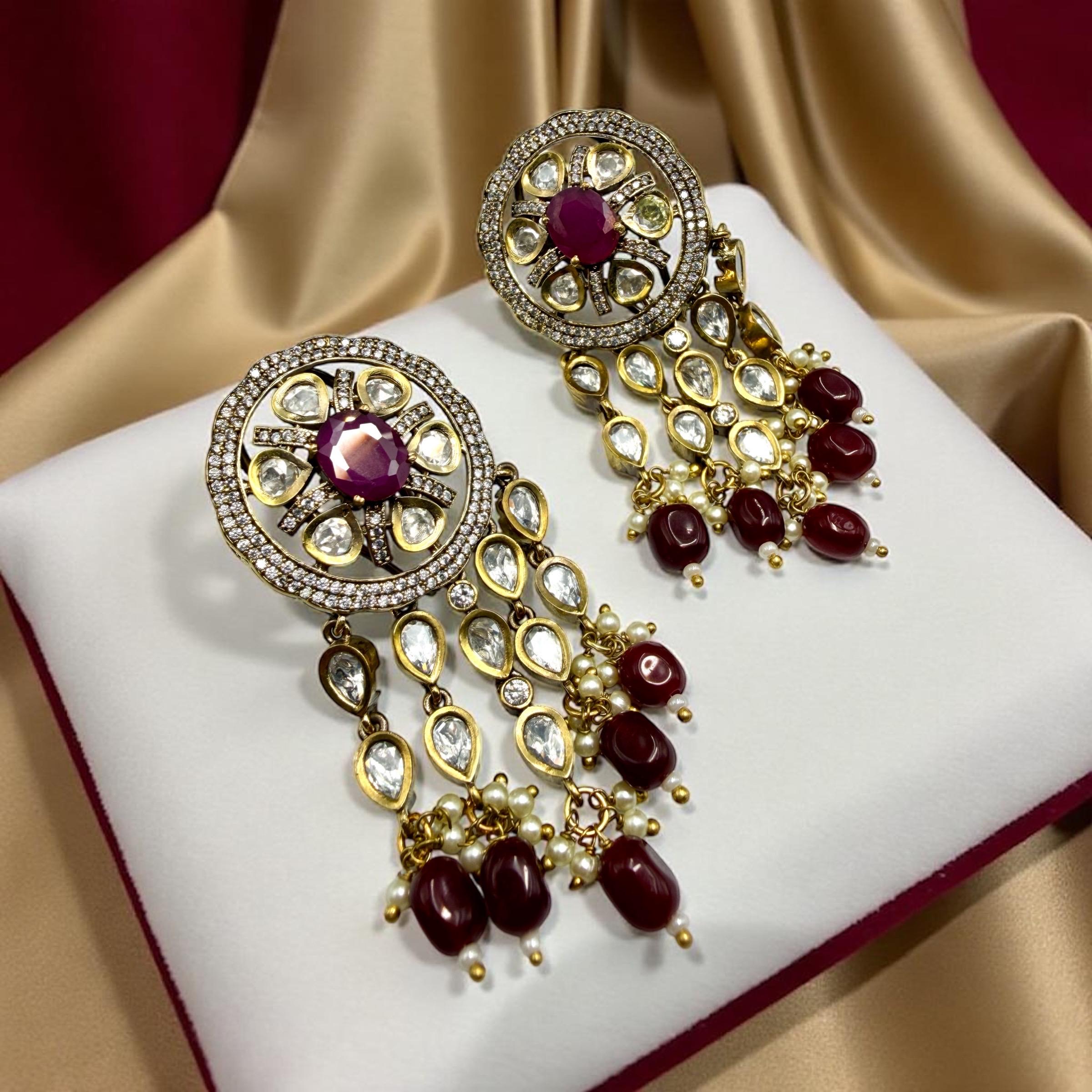 Bollywood Glam Kundan Dangle Earrings | Traditional Gold-Tone Jewelry - Image 2