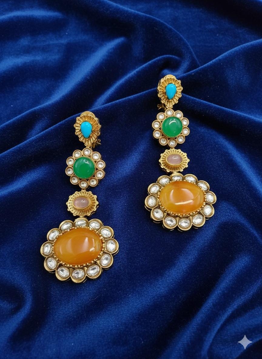 Multicolor Kundan Statement doublet Earrings | Antique Gold Polki Dangler Jewelry | Indian Bridal & Festive Ethnic Earrings - Image 2
