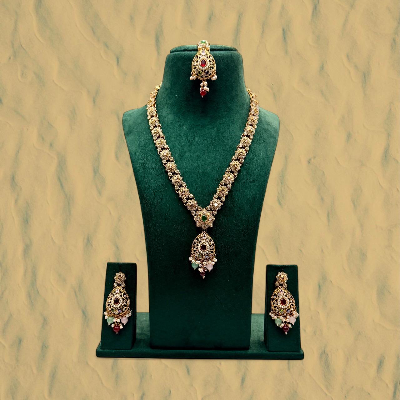 Gold Mala Necklace Set – Indian Pakistani Gemstone Jewelry - Image 2