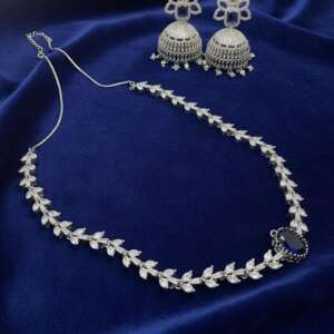 Silver CZ Necklace and Jhumka Set | Luxury Bridal Jewelry Set | Sparkling Leaf Design Necklace with Statement Earrings | Wedding Jewelry