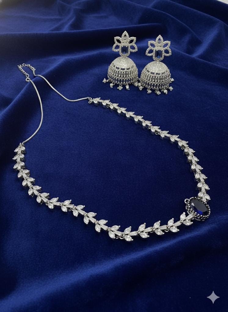 Silver CZ Necklace and Jhumka Set | Luxury Bridal Jewelry Set | Sparkling Leaf Design Necklace with Statement Earrings | Wedding Jewelry