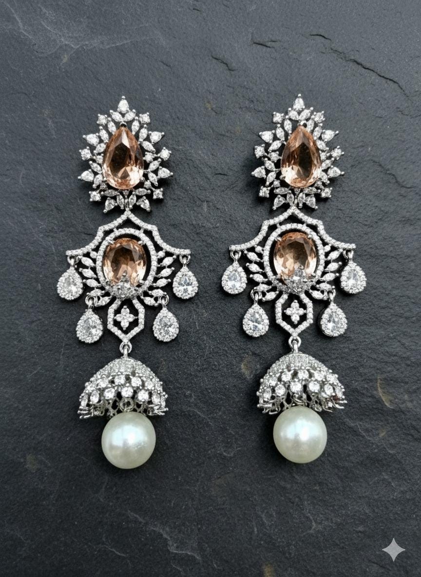 CZ Champagne Crystal Pearl Bridal Earrings | Silver Dangler Jewelry - Image 2