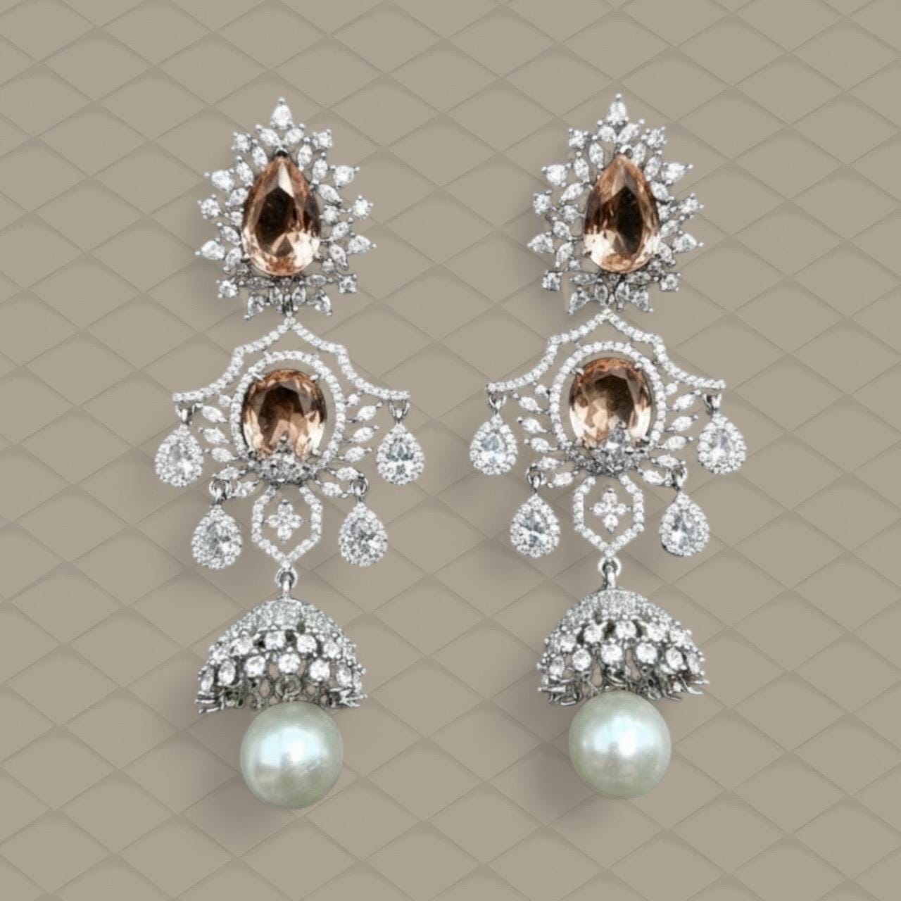 CZ Champagne Crystal Pearl Bridal Earrings | Silver Dangler Jewelry - Image 5